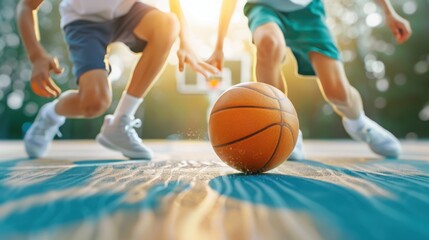 Naklejka premium Two basketball players in action outdoors, dribbling the ball on a sunny day, focusing on their feet and ball.