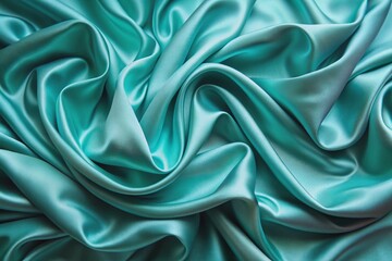 Obraz premium Soft flowing turquoise silk fabric creates elegant textures and gentle patterns in a wave-like design, ideal for serene backgrounds or wallpapers with calming ambiance.