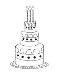 Three tier cake with tree candles hand drawn vector illustration