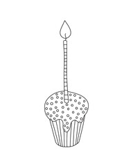 Cupcake with candle vector hand drawn illustration. Birthday cupcake doodle clipart