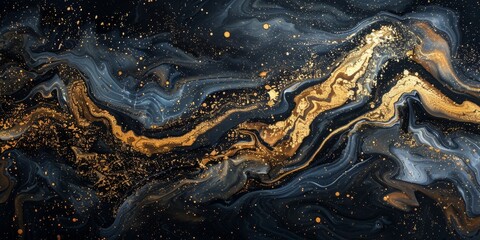 Fototapeta premium A black and gold abstract painting with gold paint. Suitable for modern decor, Generative AI