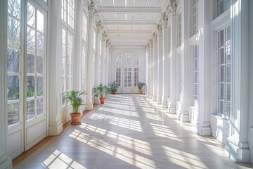 A long hallway with white walls and windows. Suitable for architectural designs and interior concepts, Generative AI