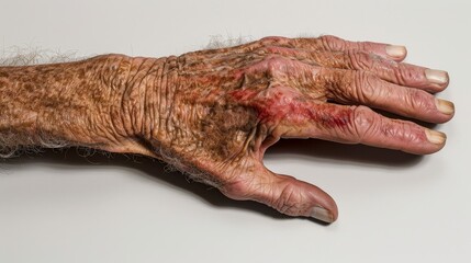 Close Up Of An Injured Elderly Mans Hand Showing Liver Spots, Wrinkles, Bruising, And Dry Skin