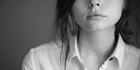 A black and white photo of a woman wearing a white shirt. Suitable for various uses, Generative AI © Image Alchemy