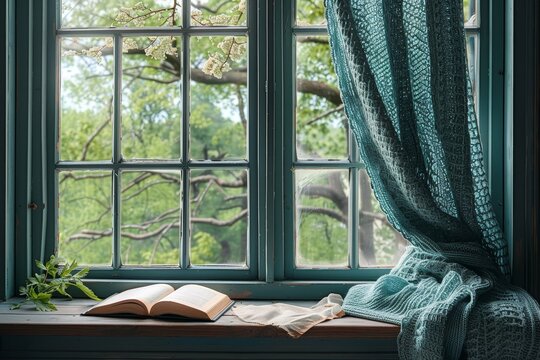 An open window with a book and a blanket placed on it. This image can be used to depict relaxation, cozy reading nooks, or a peaceful ambiance, Generative AI