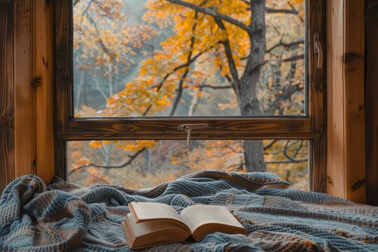 An open window with a book and a blanket placed on it. This image can be used to depict relaxation, cozy reading nooks, or a peaceful ambiance, Generative AI