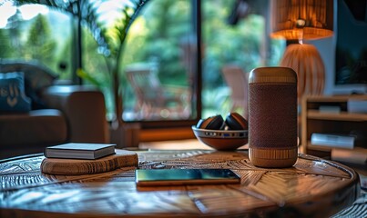 A smart speaker and a cell phone placed on a table. This versatile image can be used to represent modern technology, smart home devices, or, Generative AI