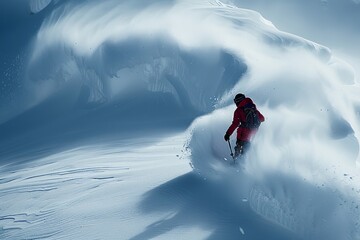 A person riding a snowboard down a snow covered slope. Suitable for winter sports and adventure themes, Generative AI