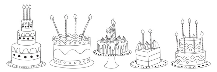 Birthday cakes sketches vector set. Different cakes with candles on plates vector set