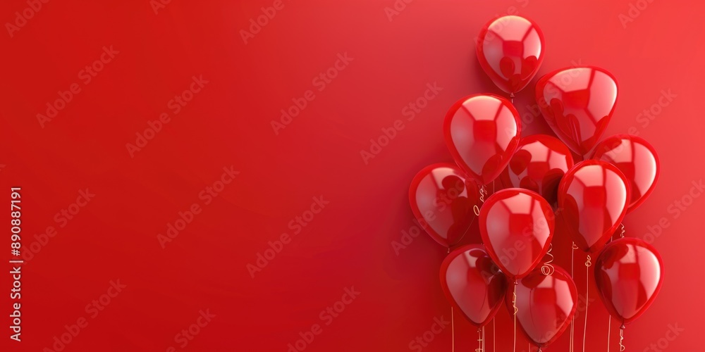 Poster A group of bright red balloons floating on a deep red background