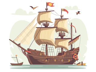 Sailing ship with sails. Vector illustration in flat cartoon style.