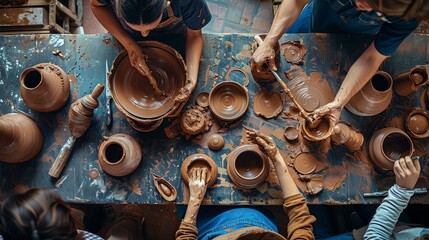 The image shows a top view of a pottery workshop. There are three people working at a table, their hands covered in clay. - Powered by Adobe