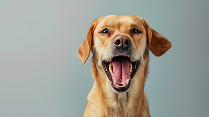 Cheerful golden retriever joyfully yawning against a soft background, perfect for pet-related marketing materials and social media posts.