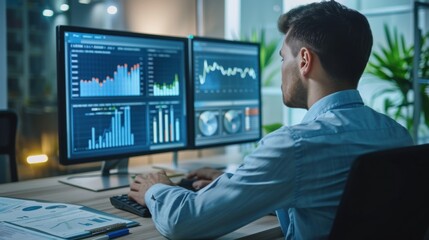 A business professional analyzing survey data on a computer, in a corporate environment.