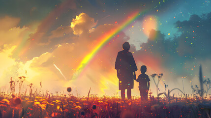 Fototapeta premium A silhouette of a child and parent standing hand in hand amidst vibrant flowers, with a stunning rainbow illuminating the sky. Ideal for family-themed projects.