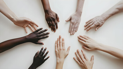 Diverse hands reaching out on a neutral backdrop symbolize unity and collaboration, ideal for campaigns promoting inclusion and social awareness.