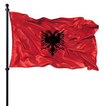 National flag of Albania waving on a flagpole.