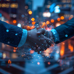 Capture the essence of networking and partnership with a dynamic image of two professionals shaking hands amidst a vibrant urban backdrop, enhanced by a digital overlay symbolizing connection.