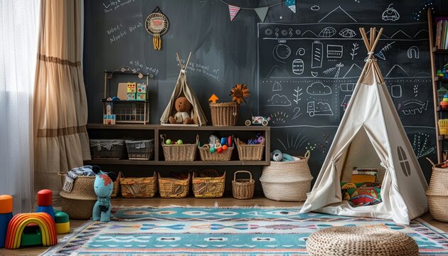 Child s playroom with chalkboard wall, teepee, and toys neatly organized on shelves