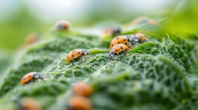 A gathering of multiple ladybugs on textured green leaves in an outdoor setting, highlighting the beauty and diversity of these beneficial insects within a natural habitat.