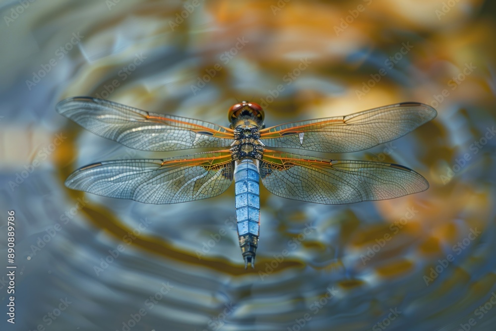 Poster a dragonfly resting on the surface of calm water