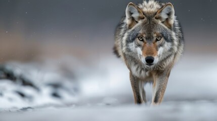 Obraz premium A stunning close-up of a determined wolf walking through a snowy landscape, capturing the raw beauty and fierce spirit of the wild in a breathtakingly detailed photograph.