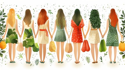 vector, illustration, Women and bags with vegetables and greens. Natural organic and vegetarian food, healthy mindful eating concept. Handwritten quotes, element of seamless pattern. Vector illustrati