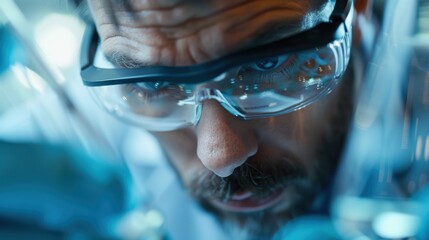 Image of a technician holding protective eyewear in a modern laboratory environment, emphasizing safety, precision, and professionalism in scientific and technical work.
