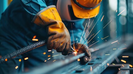 A welder is captured in the midst of welding metal, illuminated by the bright sparks flying in all directions, exemplifying the intense focus and skill required in metalworking.