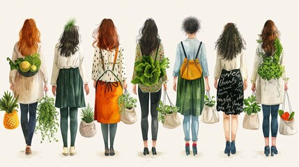 Fototapeta premium vector, illustration, Women and bags with vegetables and greens. Natural organic and vegetarian food, healthy mindful eating concept. Handwritten quotes, element of seamless pattern. Vector illustrati