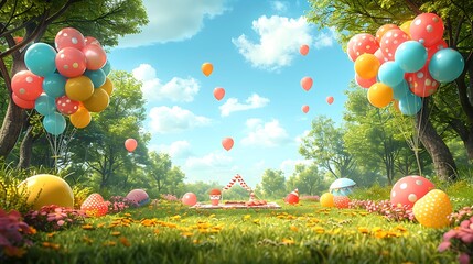 Lively birthday party invitation featuring an open area park with colorful balloons and a picnic setup with a writing space in the center for birthday wishes and event details