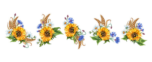 Sunflower, daisies, cornflower, ears of wheat, boutonniere set, watercolor illustration. Harvest Festival. The bouquet is isolated from the background. Compositions posters, cards, banners, flyers, 