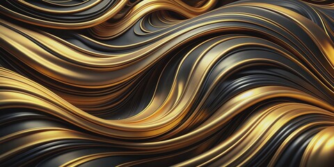 Luxurious swirling black gold abstract background features undulating waves of metallic gold, evoking opulence, glamour, and sophistication for print, painting, design, and fashion applications.