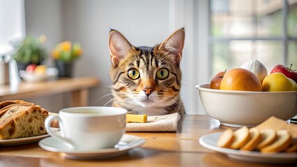 Domestic cat looking at food on kitchen table