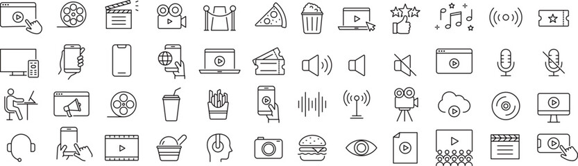 ベクターでモノクロの動画の線画アイコンセット