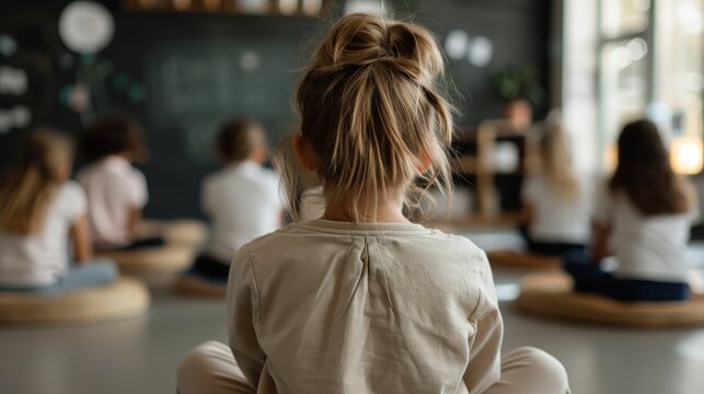 A group of children are seated cross-legged on the floor, facing away from the camera, in a classroom setting suggesting an educational activity or meditation session.