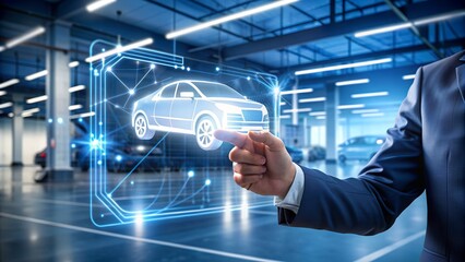 Car dealer presenting digital hologram of vehicle using augmented reality