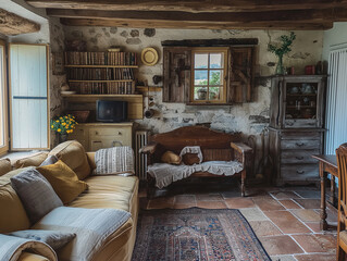 Rustic living room, rustic living space, interior design