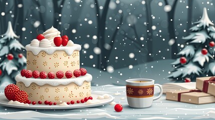 vector, illustration, Winter homely concept with homemade cake for Christmas or New Year. Xmas celebration flat vector illustration. Side view table surface with cozy elements - cup of tea, gift box, 