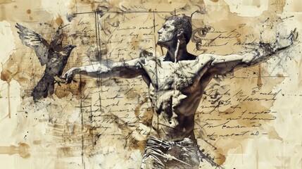 Abstract artistic illustration of a man extending arms with birds. Vintage style sketch with muted colors and text background. Suitable for creative and artistic projects. AI