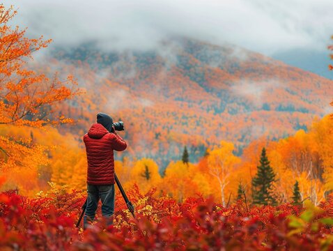 A photographer capturing contrasting colors in a fall landscape, emphasizing the beauty of the season