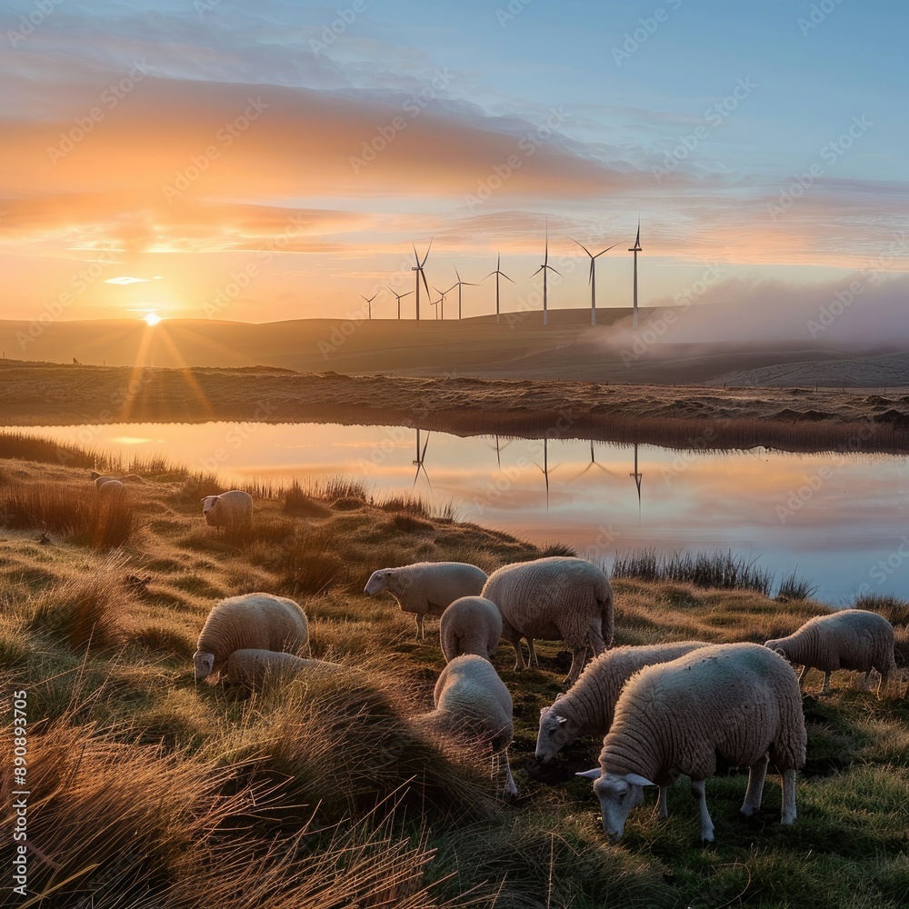 Poster a flock of sheep grazing peacefully near a calm lake with wind turbines in the background at sunrise