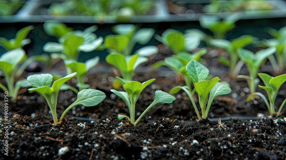 Poster a group of fresh seedlings emerging from soil, showcasing the promise of new life.