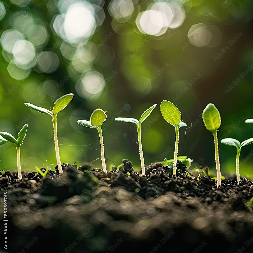 Poster a group of fresh seedlings emerging from soil, showcasing the promise of new life.