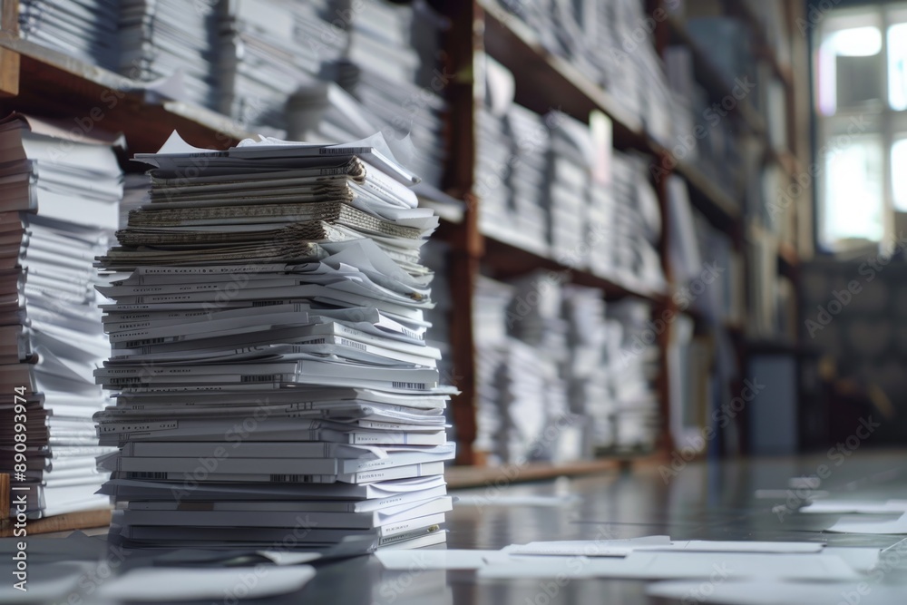 Poster a stack of papers sitting on a table, suitable for use in office or academic settings