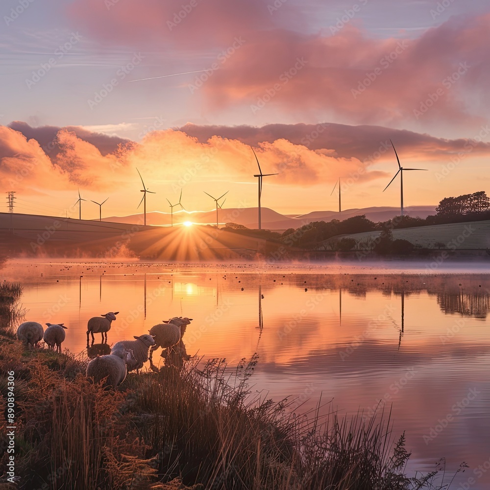 Poster a serene sunrise over a lake with a flock of sheep and wind turbines standing tall in the distance.