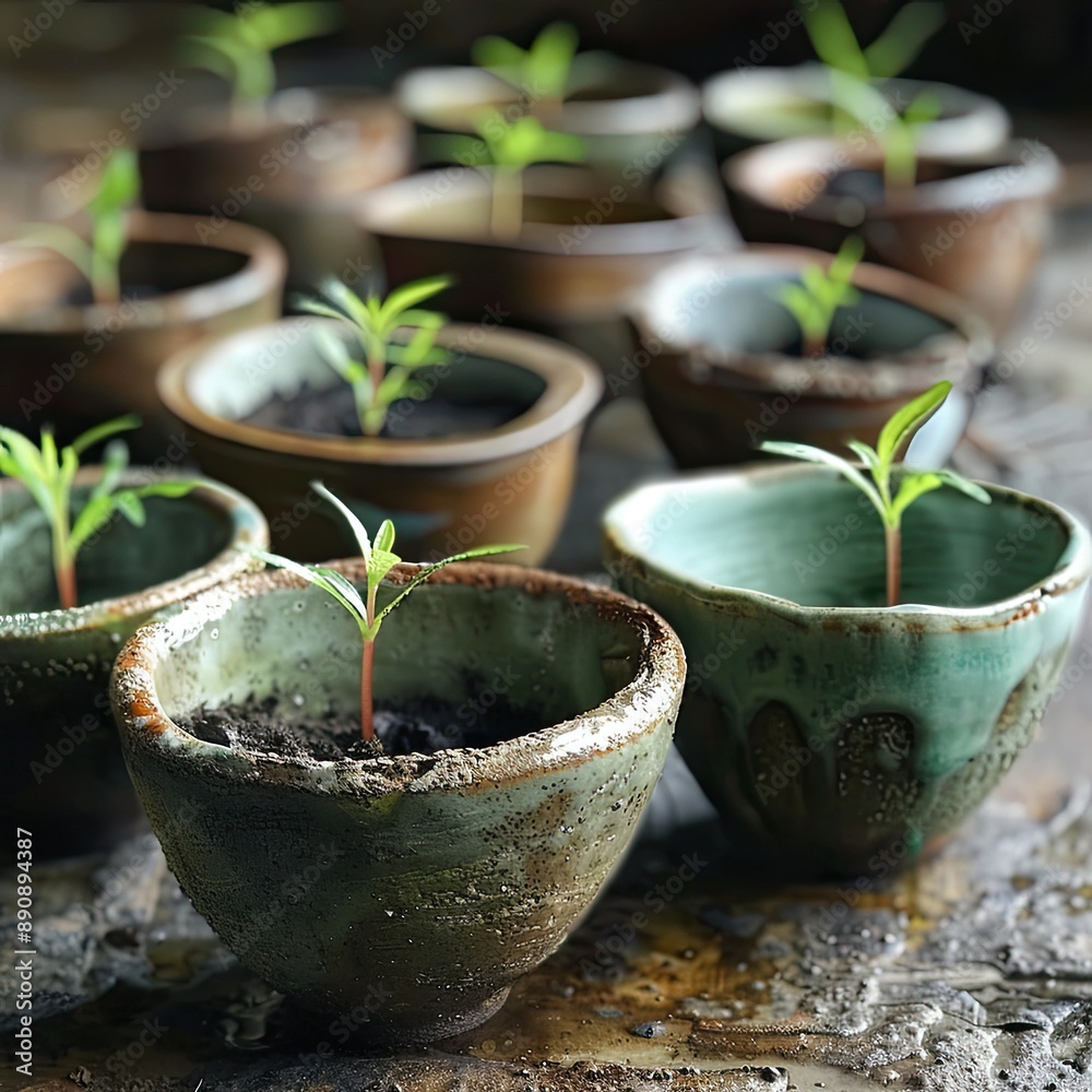 Poster a series of seed pots with tiny green shoots just starting to grow.