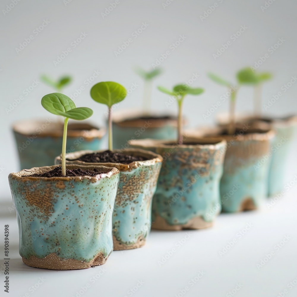Poster a series of seed pots with tiny green shoots just starting to grow.