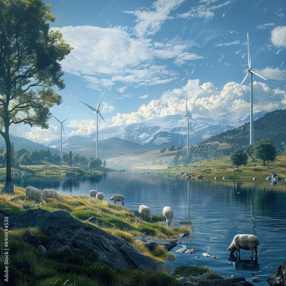 Aufkleber a tranquil morning view of sheep grazing near a lake with wind turbines harnessing the morning breez