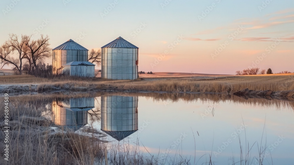 Poster a tranquil view of grain silos reflecting the sunset light in a serene rural setting.
